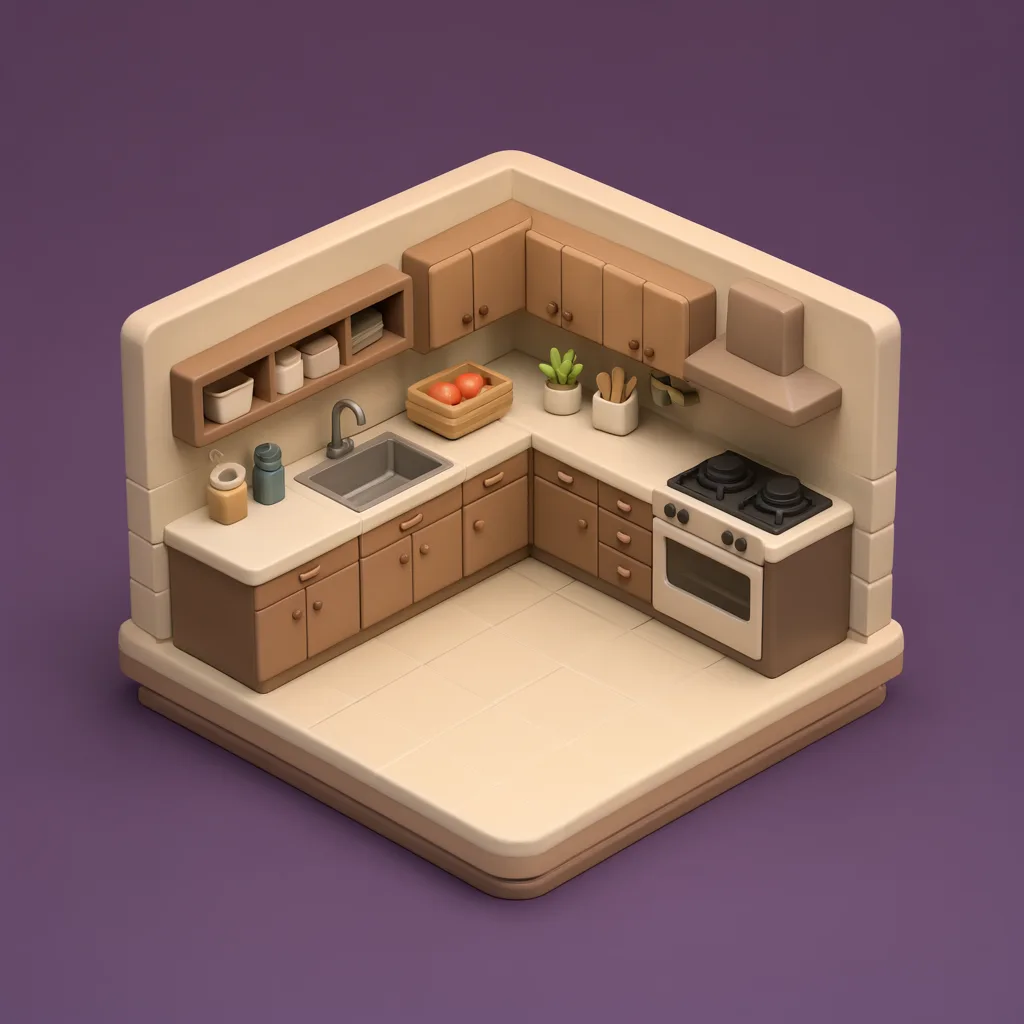 3D isometric miniature scene of kitchen corner in walnut brown and cream