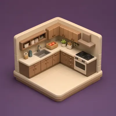 3D Isometric Kitchen Corner Scene