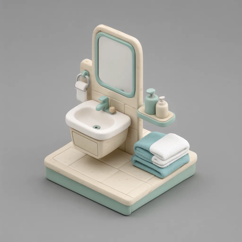 3D isometric miniature scene of bathroom nook in pale birch and soft teal