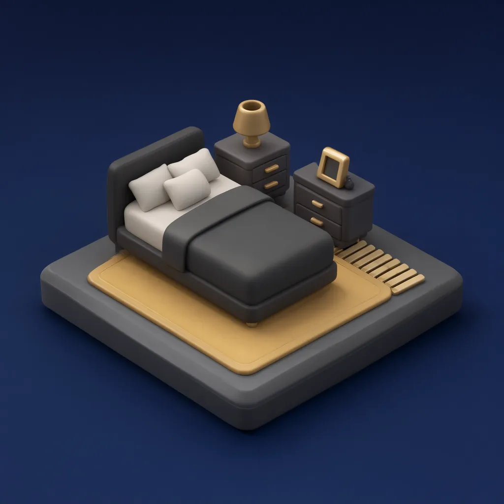 3D isometric miniature scene of bedroom corner in charcoal and brass