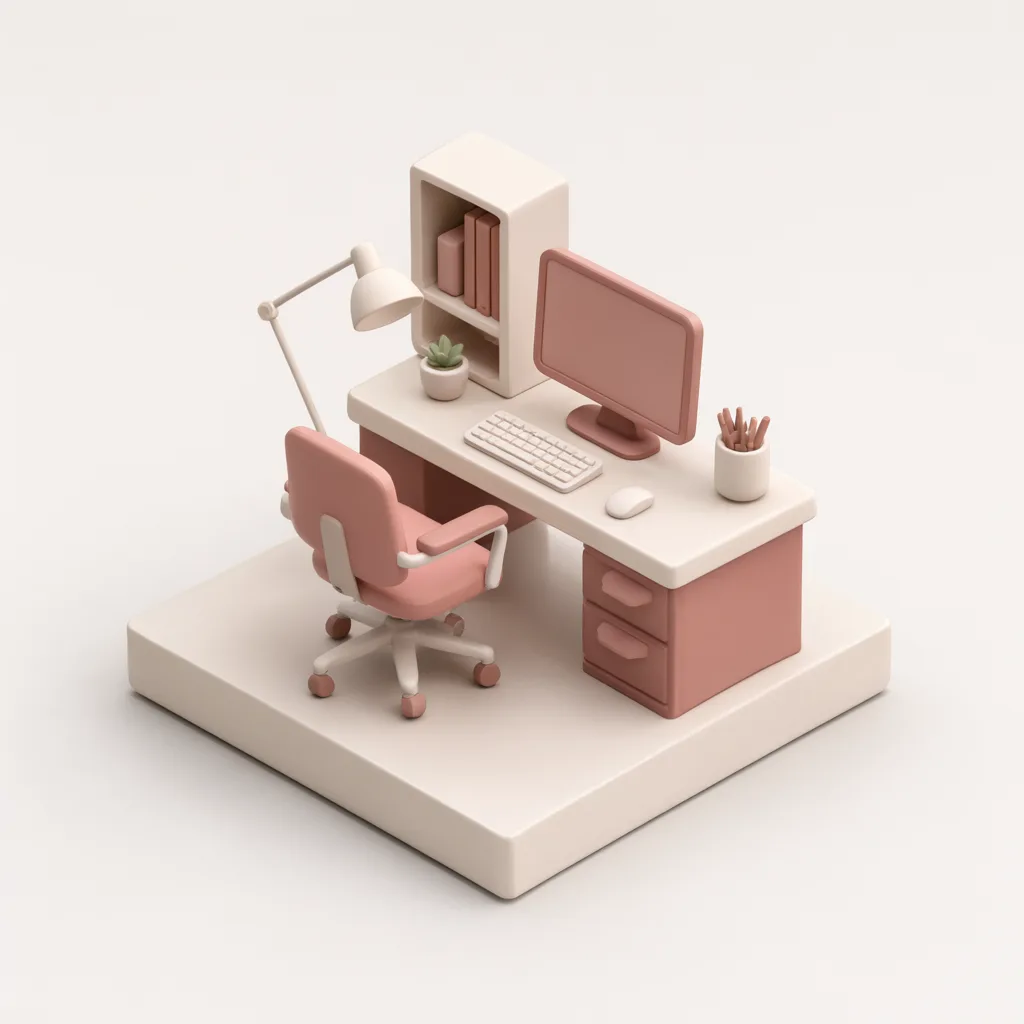 3D isometric miniature scene of home office desk in dusty rose and cream