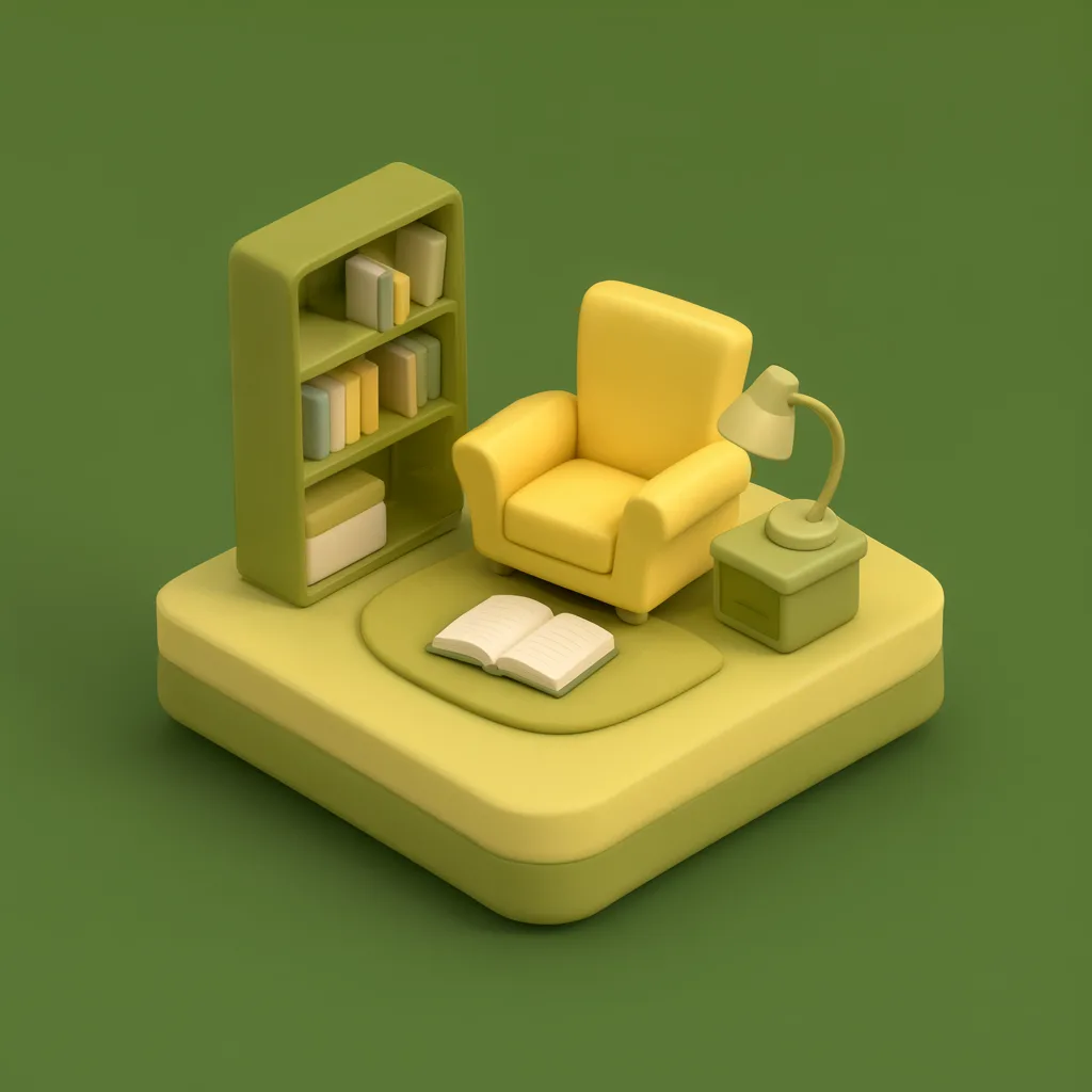 3D isometric miniature scene of study nook in butter yellow and olive