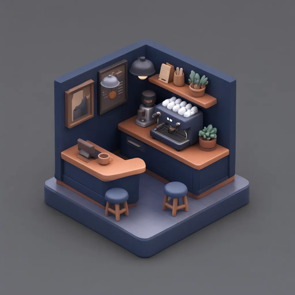 3D isometric miniature scene of cafe corner in midnight blue and copper