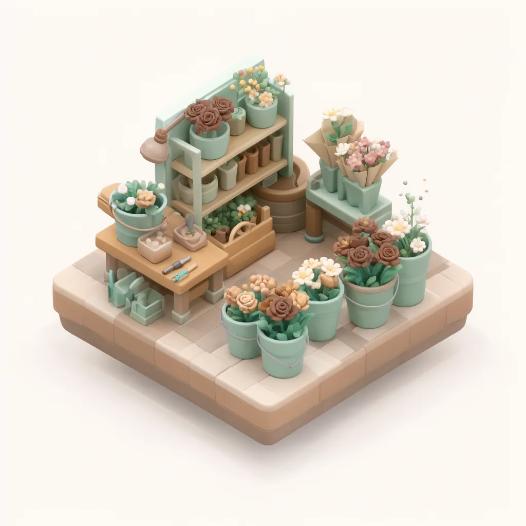 3D isometric miniature scene of flower shop in mint and walnut
