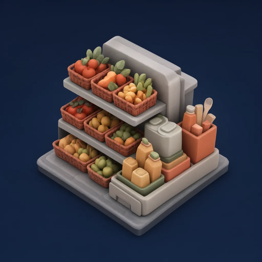 3D isometric miniature scene of grocery aisle in stone grey and rust