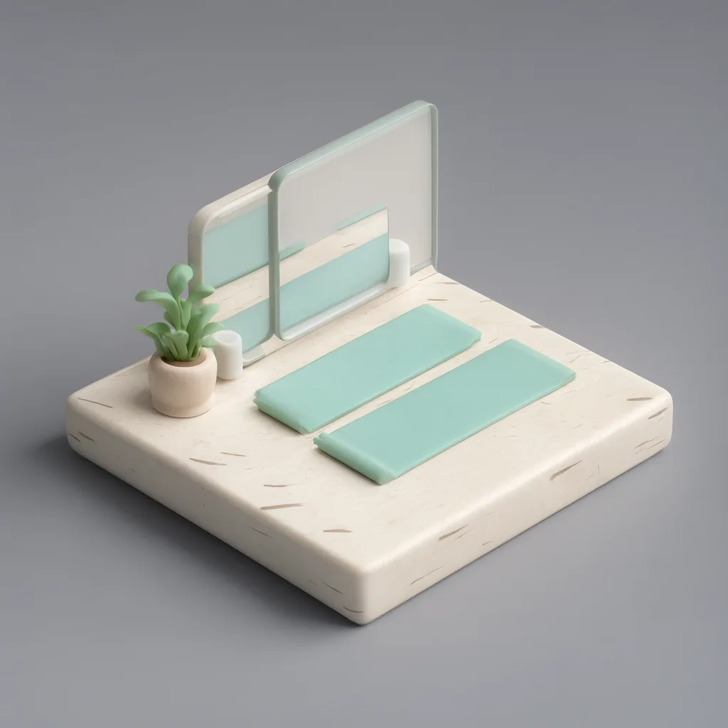 3D isometric miniature scene of yoga studio in pale birch and soft teal