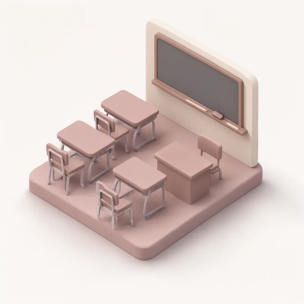 3D isometric miniature scene of classroom in dusty rose and cream