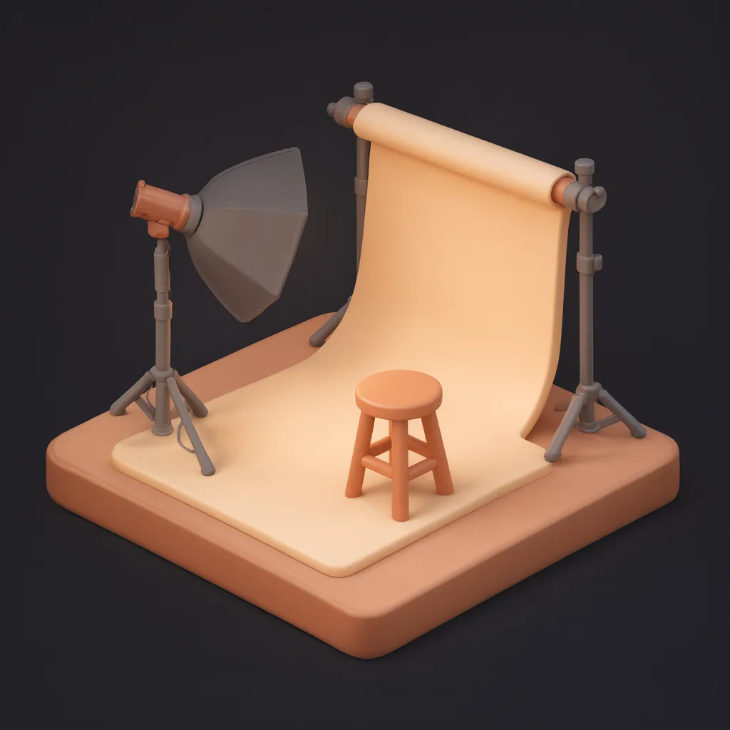 ฉากจำลอง 3D ไอโซเมตริกของสตูดิโอถ่ายภาพ โทนเทอร์ราคอตและทราย