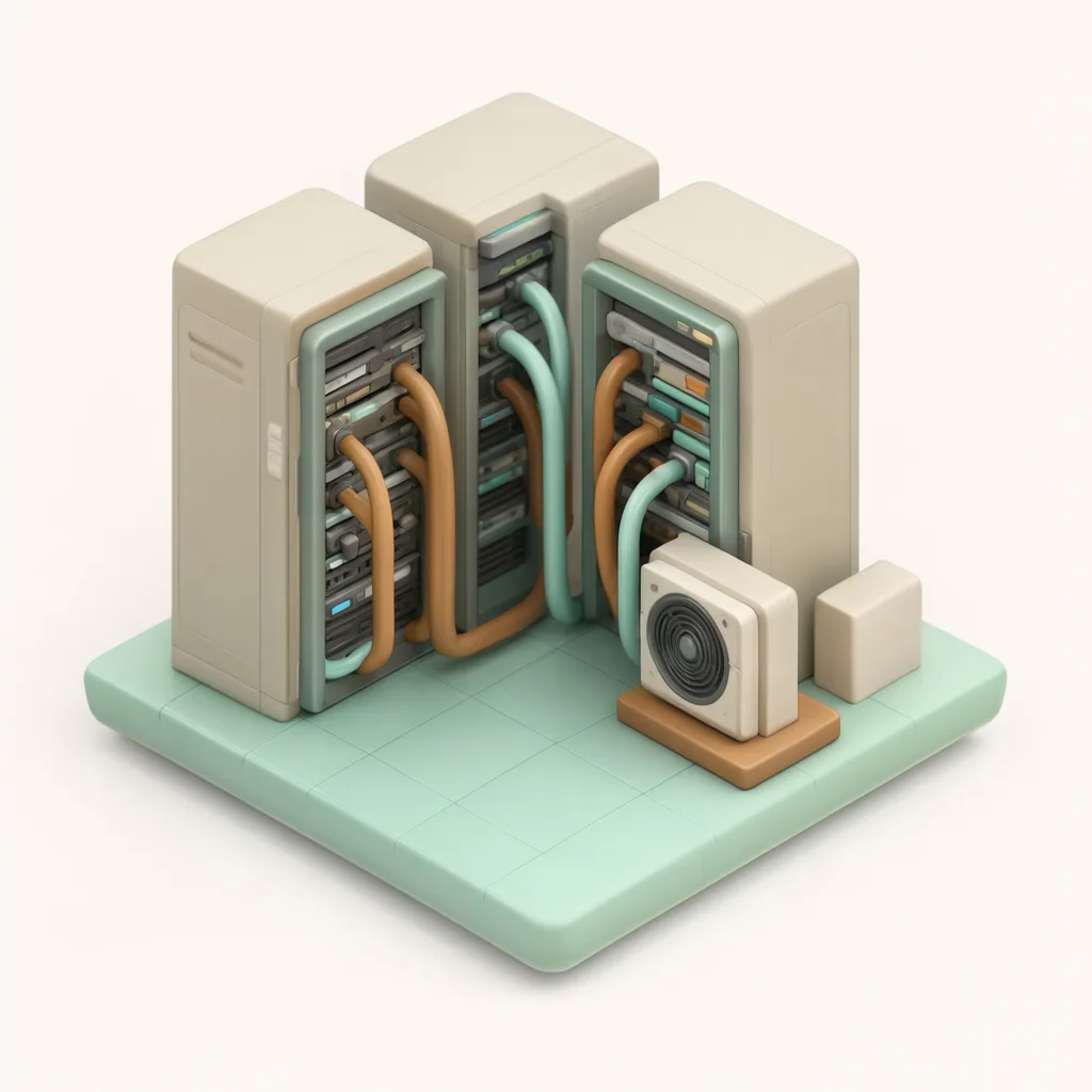 ฉากจำลอง 3D ไอโซเมตริกของห้องเซิร์ฟเวอร์ โทนมินต์และวอลนัต