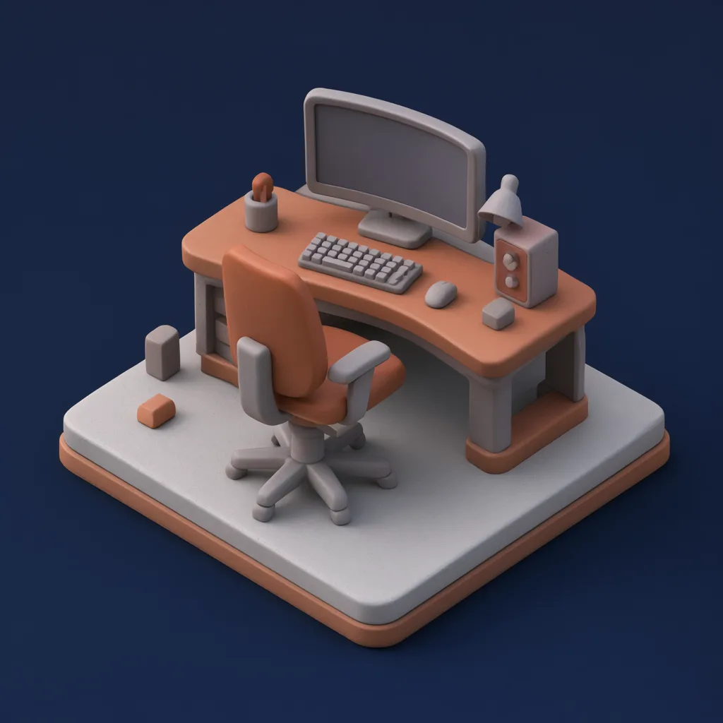 3D isometric miniature scene of gaming setup in stone grey and rust