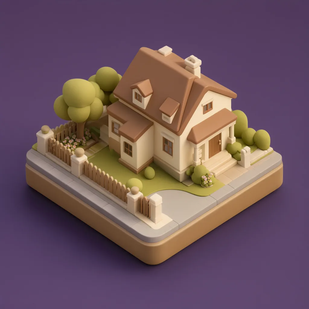 ฉากจำลอง 3D ไอโซเมตริกของบ้านชานเมือง โทนน้ำตาลวอลนัตและครีม