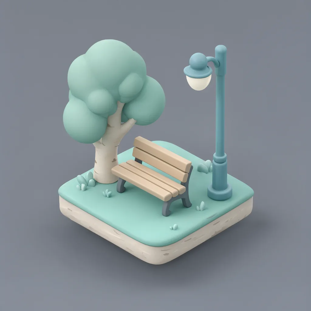 ฉากจำลอง 3D ไอโซเมตริกของม้านั่งในสวน โทนไม้เบิร์ชอ่อนและเขียวน้ำทะเลอ่อน