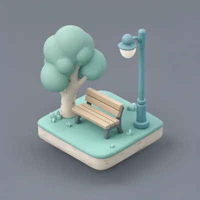 3D Isometric Park Bench Scene