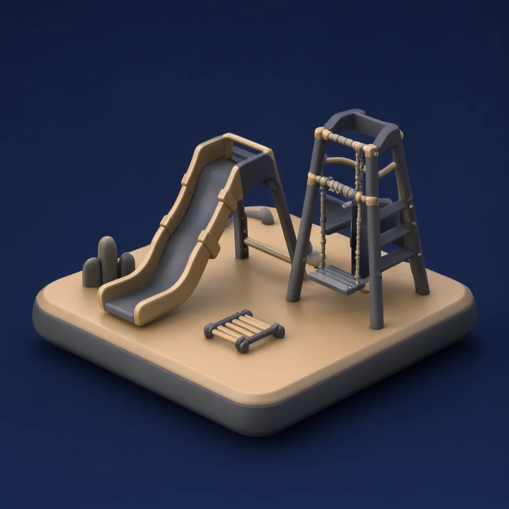 3D isometric miniature scene of playground in charcoal and brass