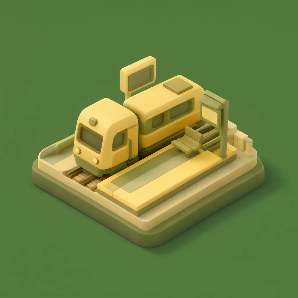 3D isometric miniature scene of train platform in butter yellow and olive