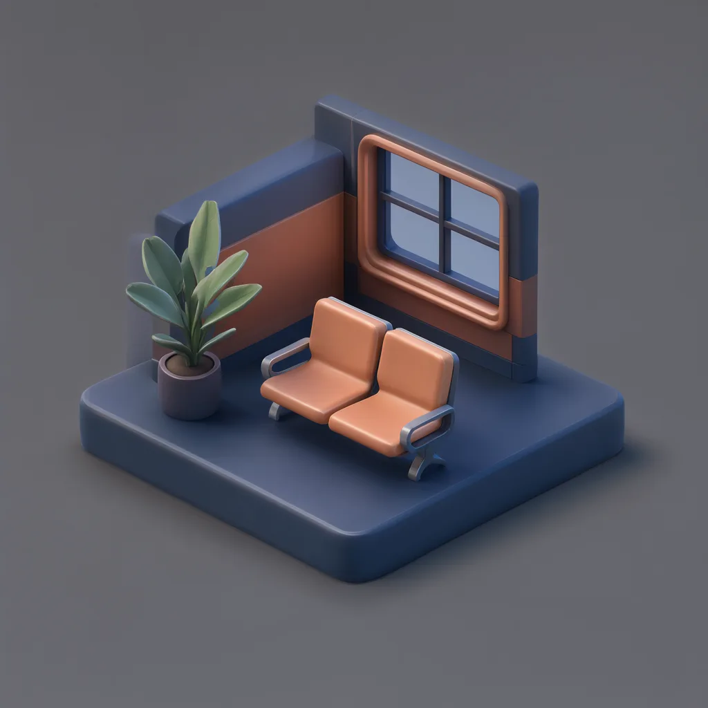3D isometric miniature scene of airport lounge in midnight blue and copper