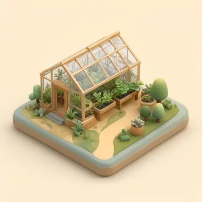 3D Isometric Greenhouse Scene