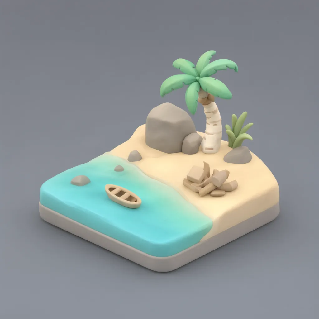 ฉากจำลอง 3D ไอโซเมตริกของอ่าวหาดทราย โทนไม้เบิร์ชอ่อนและเขียวน้ำทะเลอ่อน