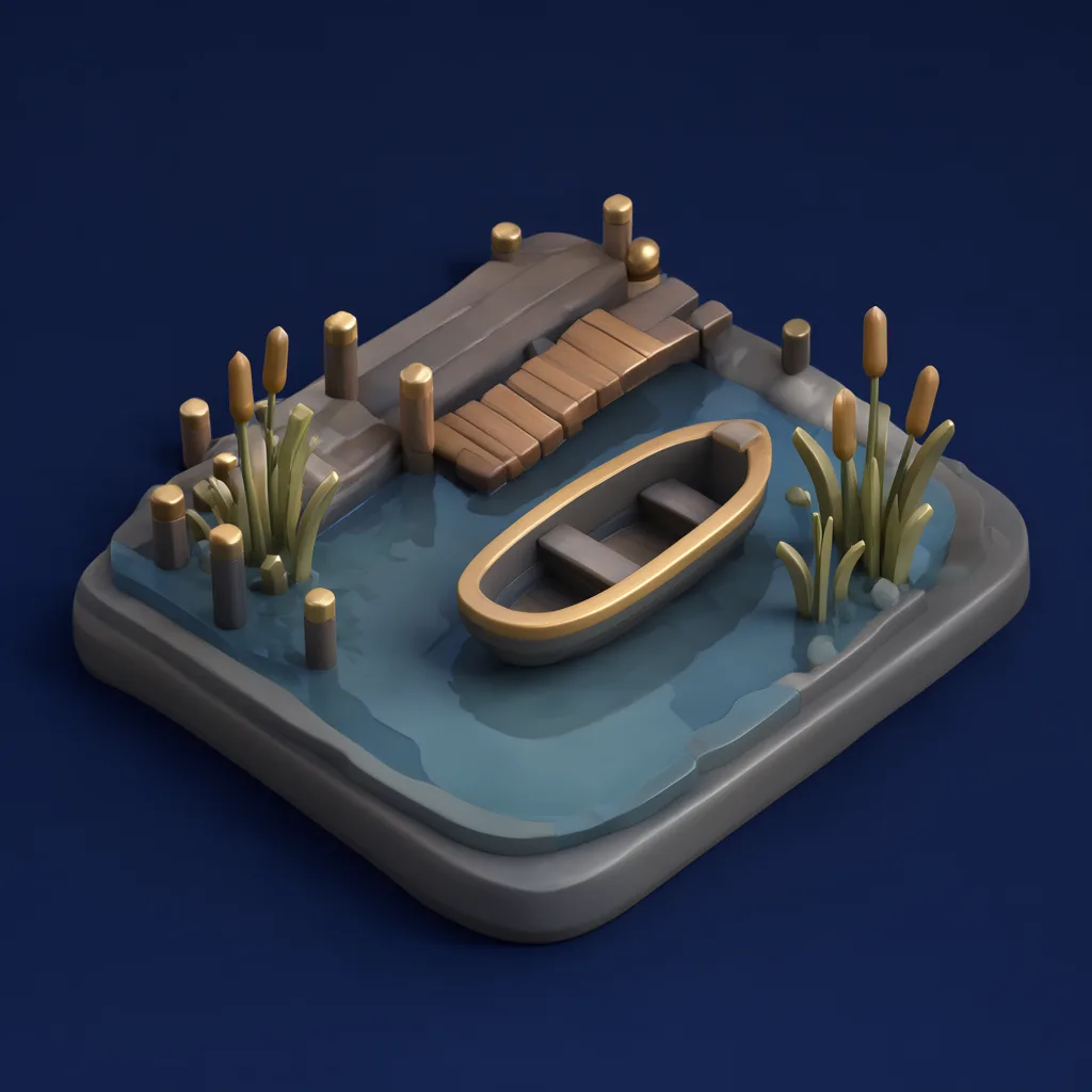 ฉากจำลอง 3D ไอโซเมตริกของท่าเรือริมทะเลสาบ โทนชาโคลและทองเหลือง