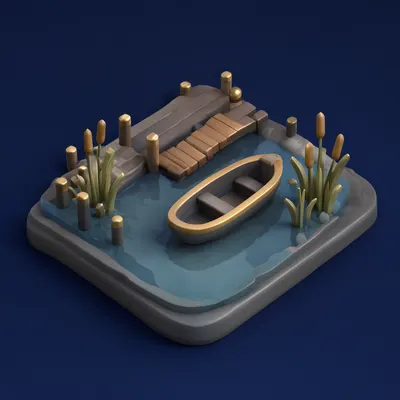 3D Isometric Lake Dock Scene