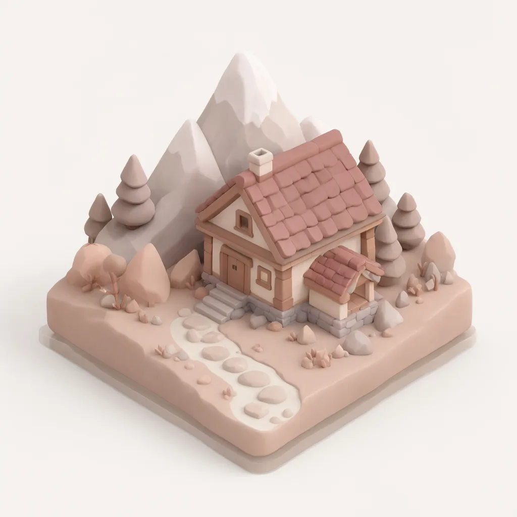 ฉากจำลอง 3D ไอโซเมตริกของกระท่อมบนภูเขา โทนกุหลาบหม่นและครีม