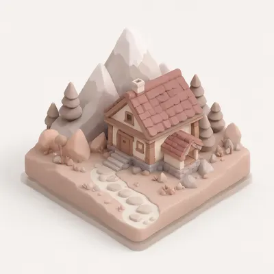 3D Isometric Mountain Cabin Scene