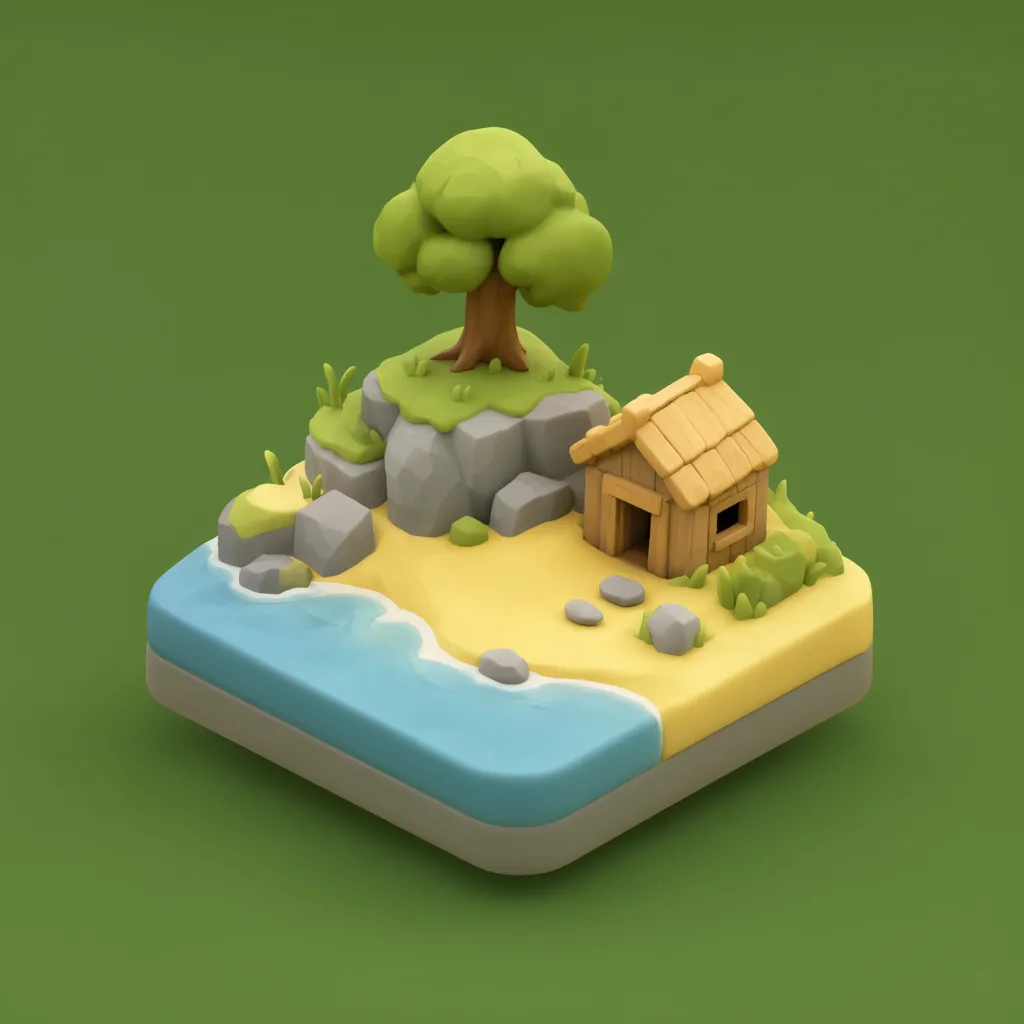 3D isometric miniature scene of tiny island in butter yellow and olive
