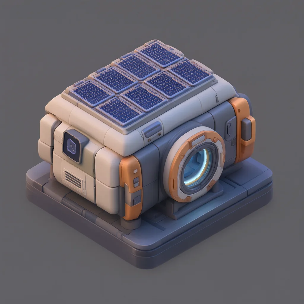 3D isometric miniature scene of space station module in midnight blue and copper