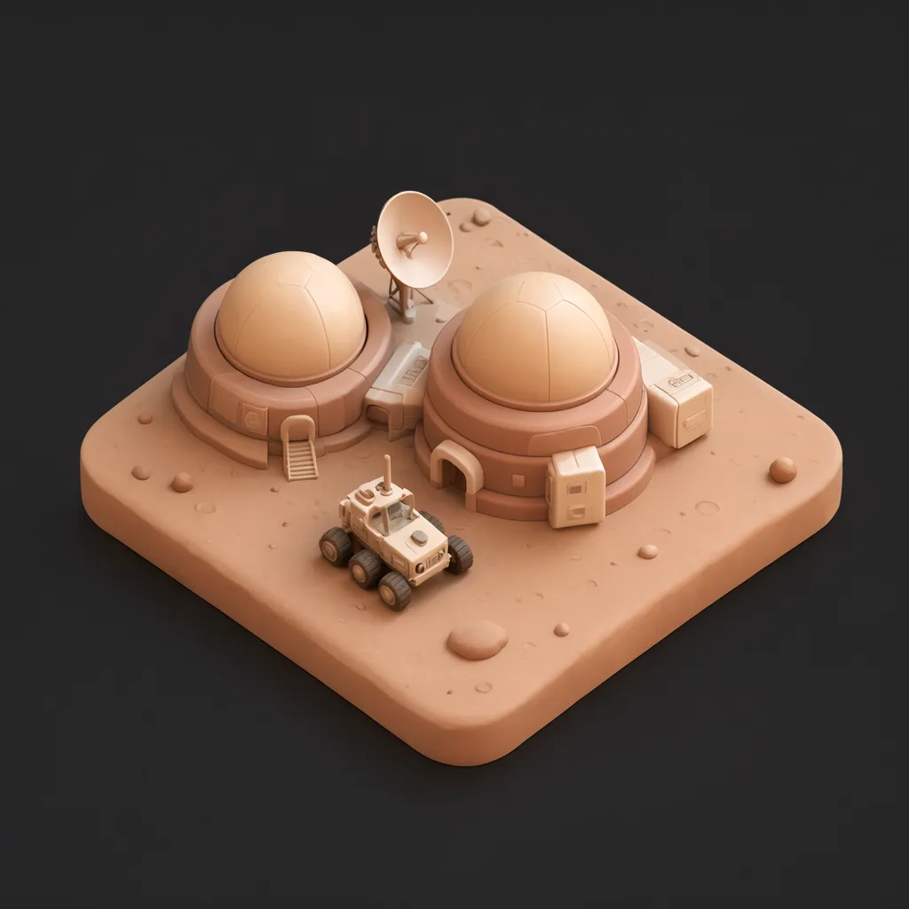 3D isometric miniature scene of lunar base in terracotta and sand