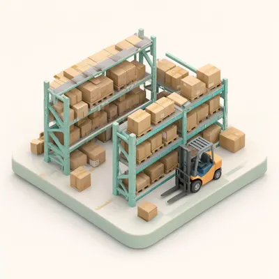 3D Isometric Warehouse Aisle Scene