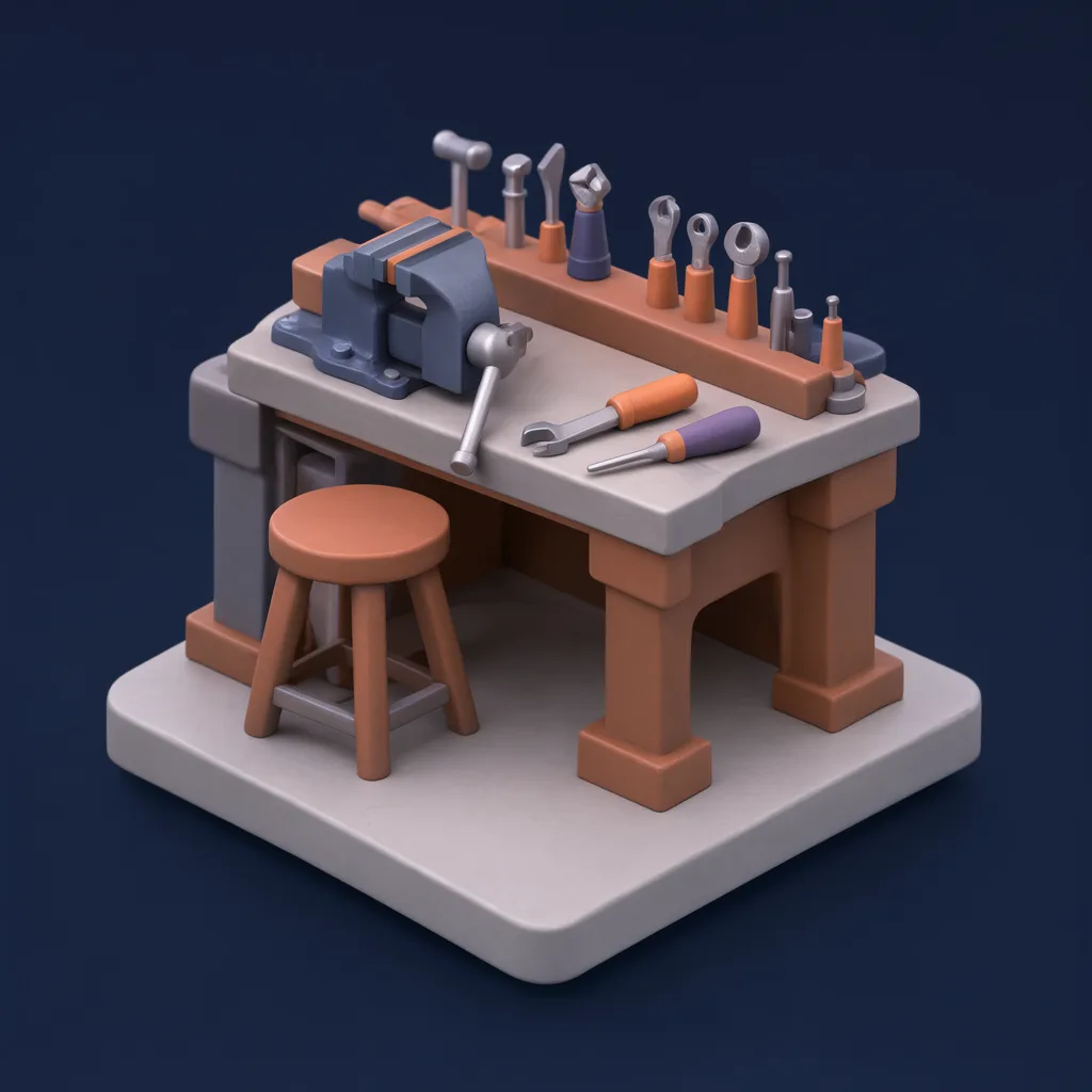 3D isometric miniature scene of workshop bench in stone grey and rust