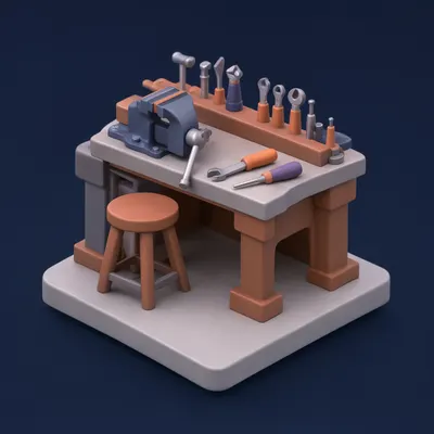 3D Isometric Workshop Bench Scene