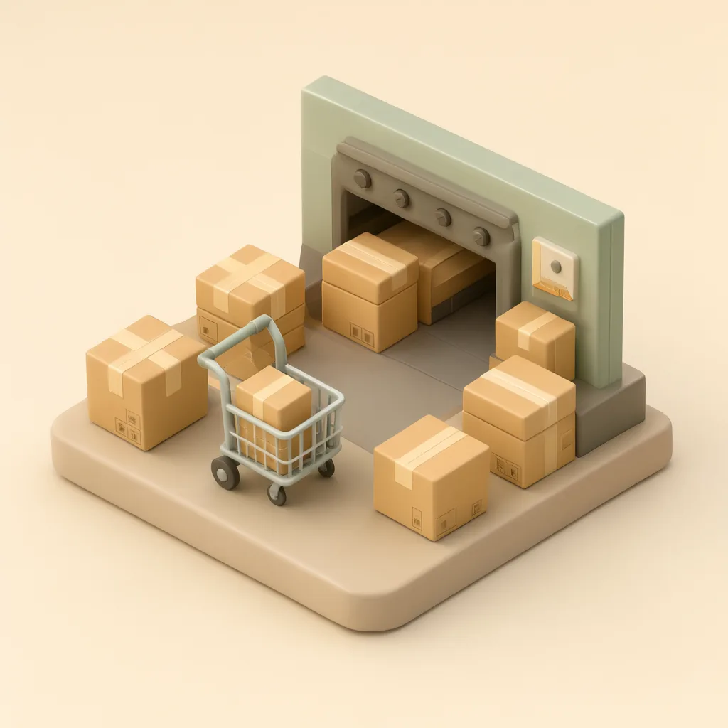 3D isometric miniature scene of delivery depot in warm oak and sage