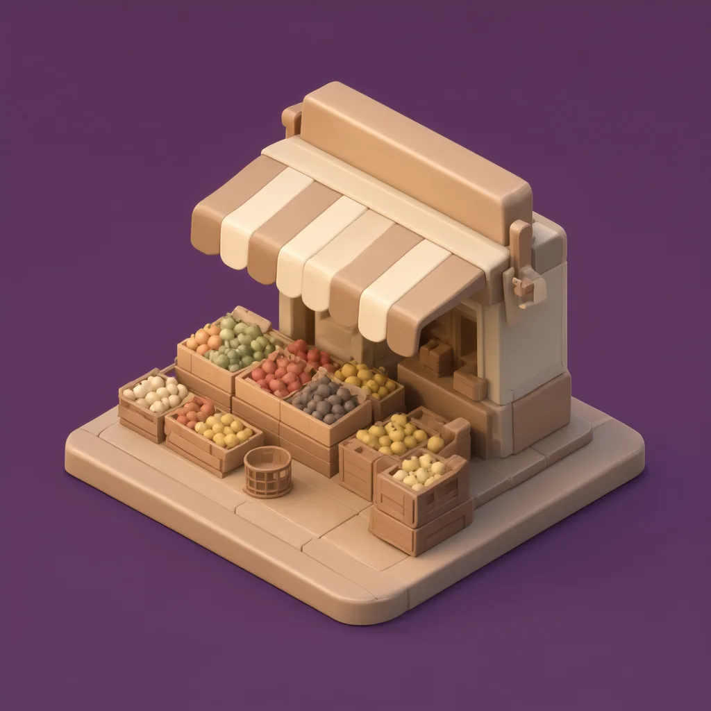 3D isometric miniature scene of market stall in walnut brown and cream