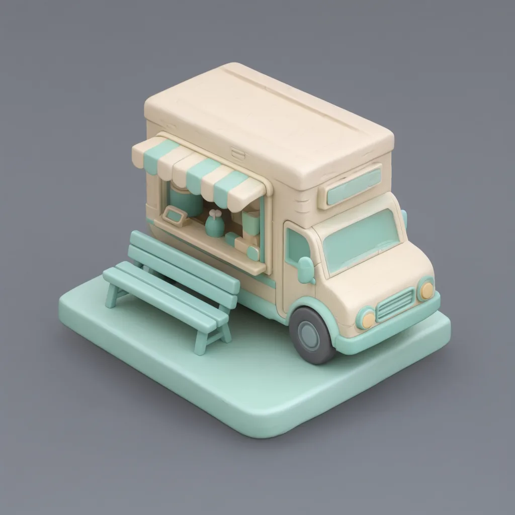 3D isometric miniature scene of food truck in pale birch and soft teal
