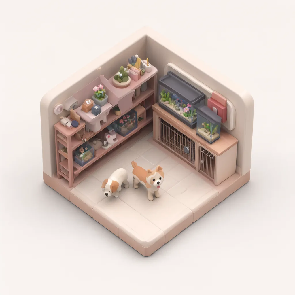 ฉากจำลอง 3D ไอโซเมตริกของร้านขายสัตว์เลี้ยง โทนกุหลาบหม่นและครีม