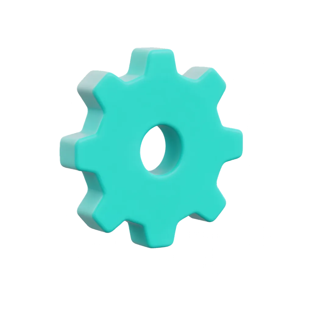 3D clay icon of a teal gear cog with eight rounded teeth