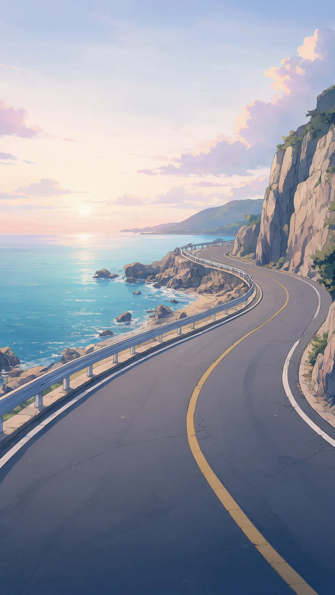 Anime Coastal Road at Sunrise