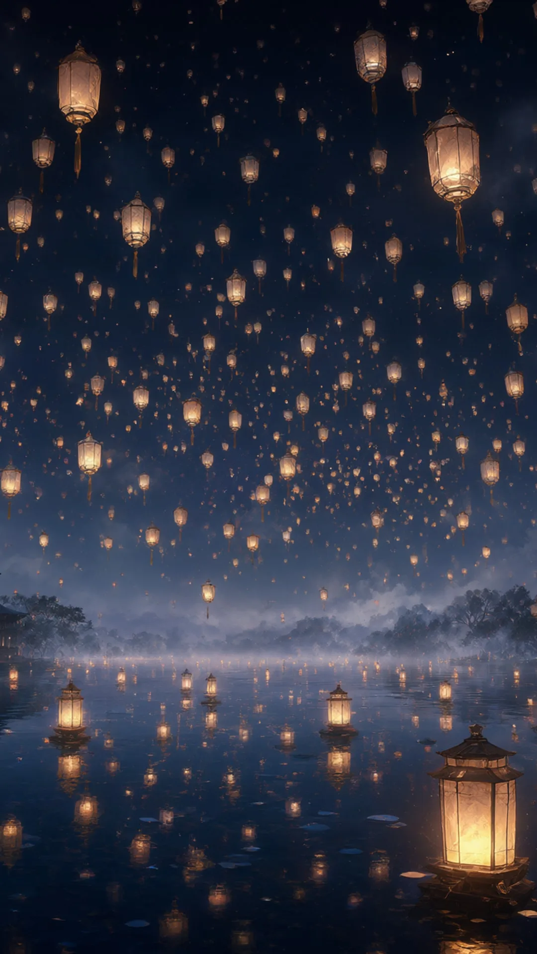 Fantasy Floating Lanterns over a Lake
