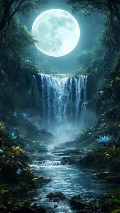 Fantasy Moonlit Waterfall in an Enchanted Forest