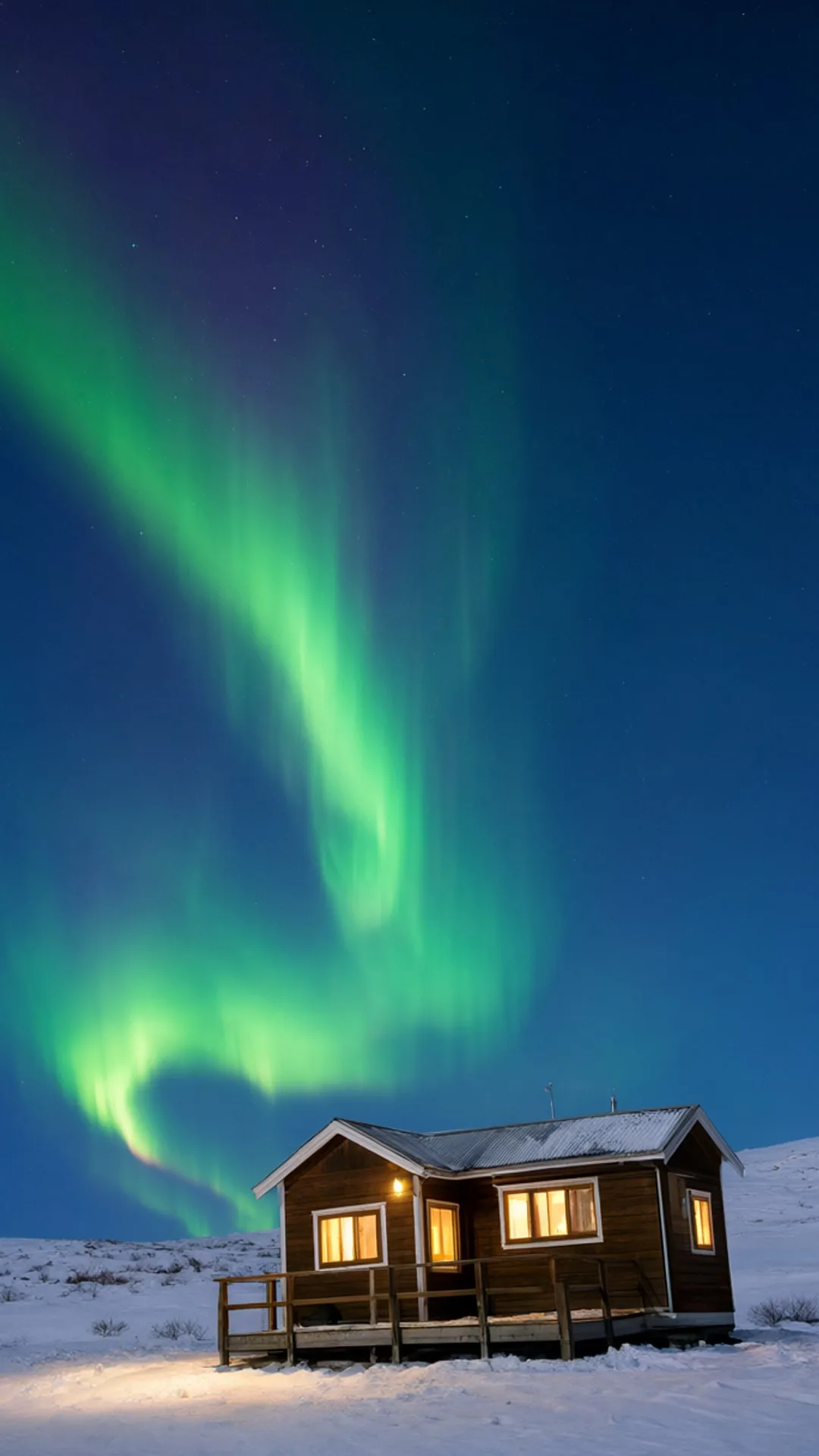 Northern Lights over a Wooden Cabin