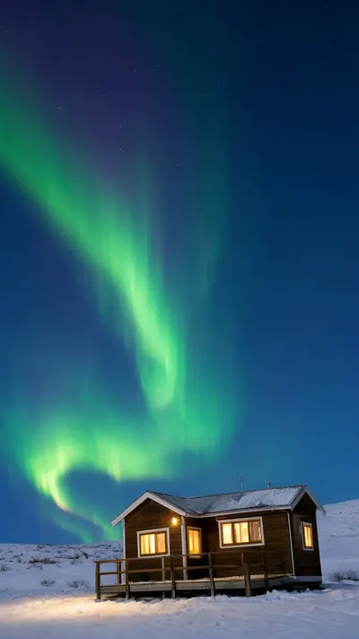 Northern Lights over a Wooden Cabin