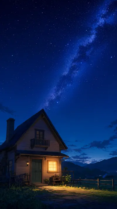 Anime Starry Sky over a Rural House