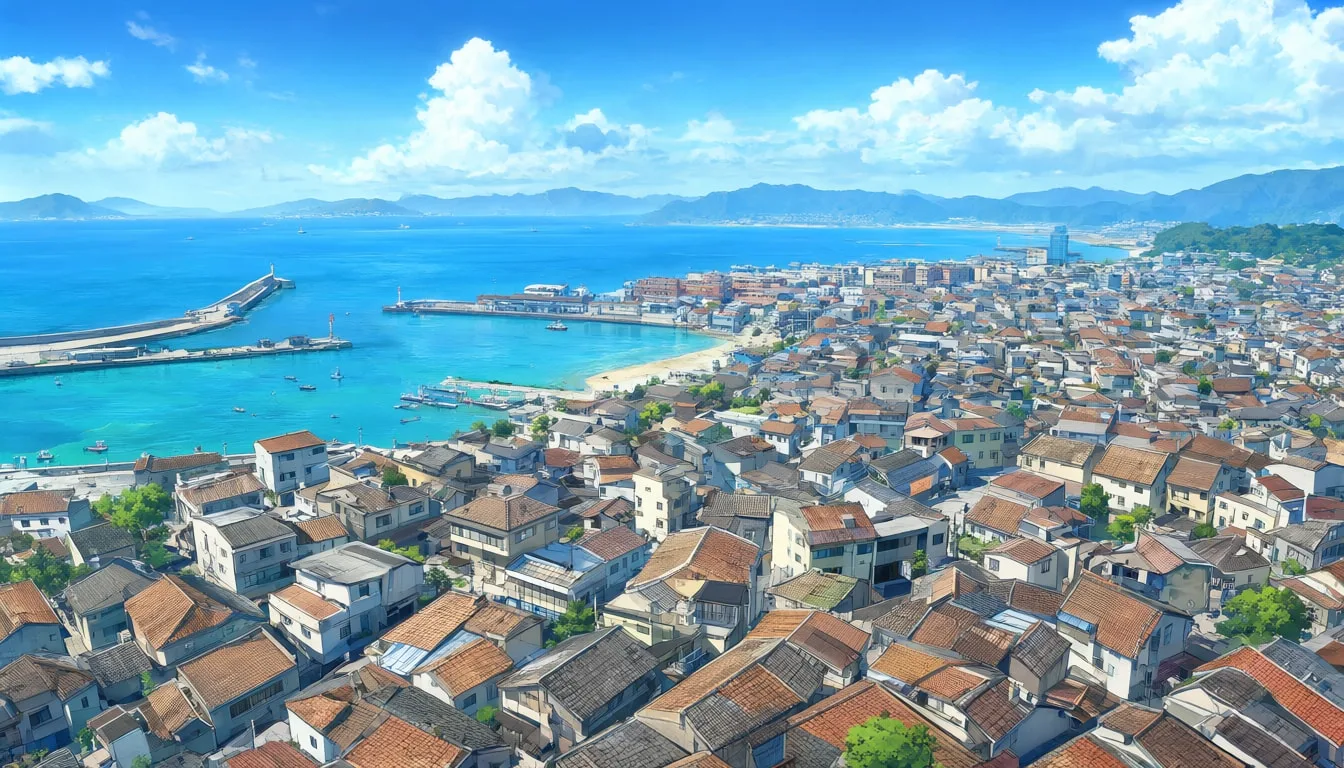 Anime Coastal Town from Above