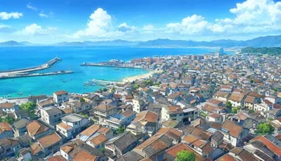 Anime Coastal Town from Above