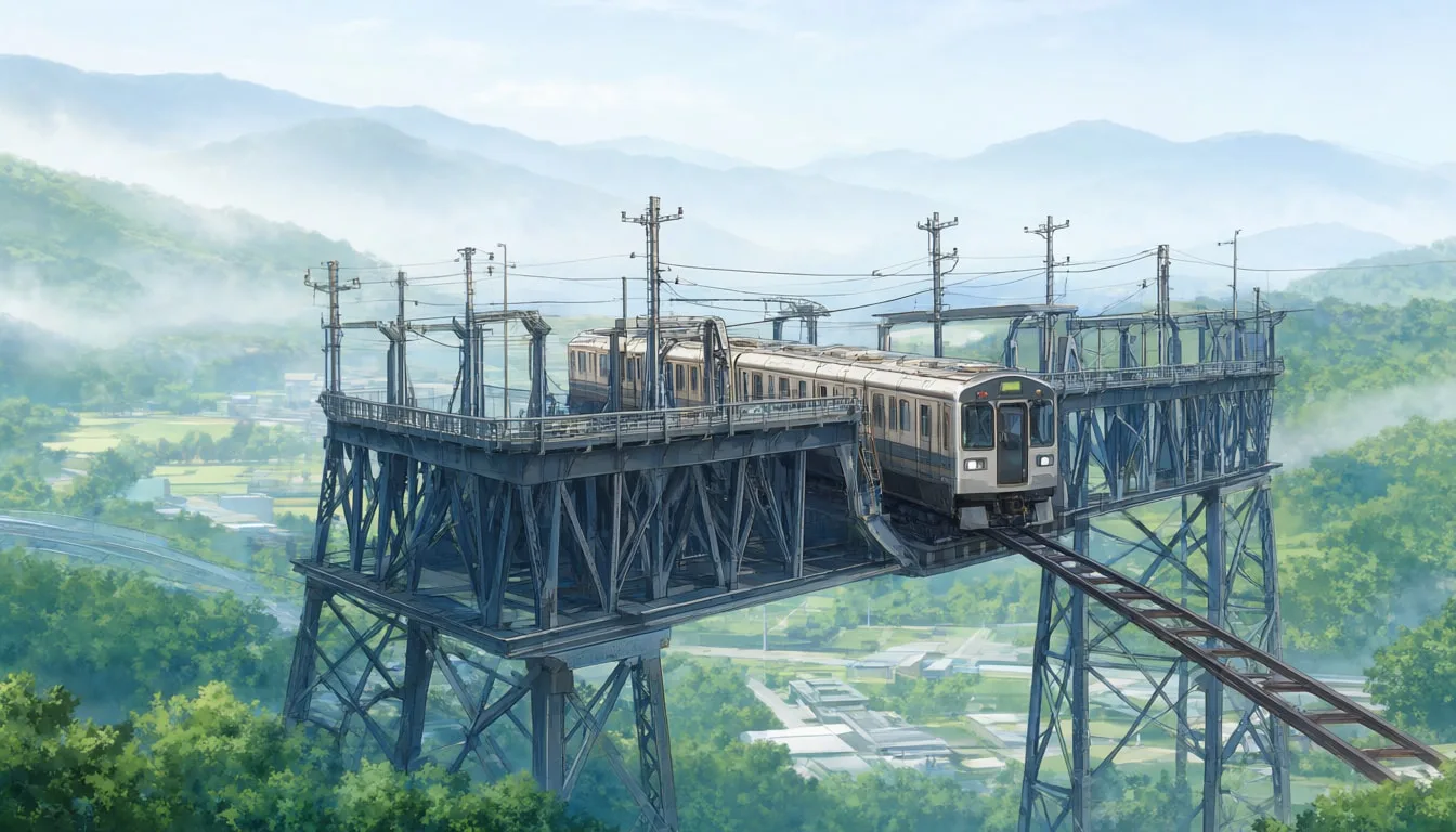 Anime Train Crossing a Valley Bridge