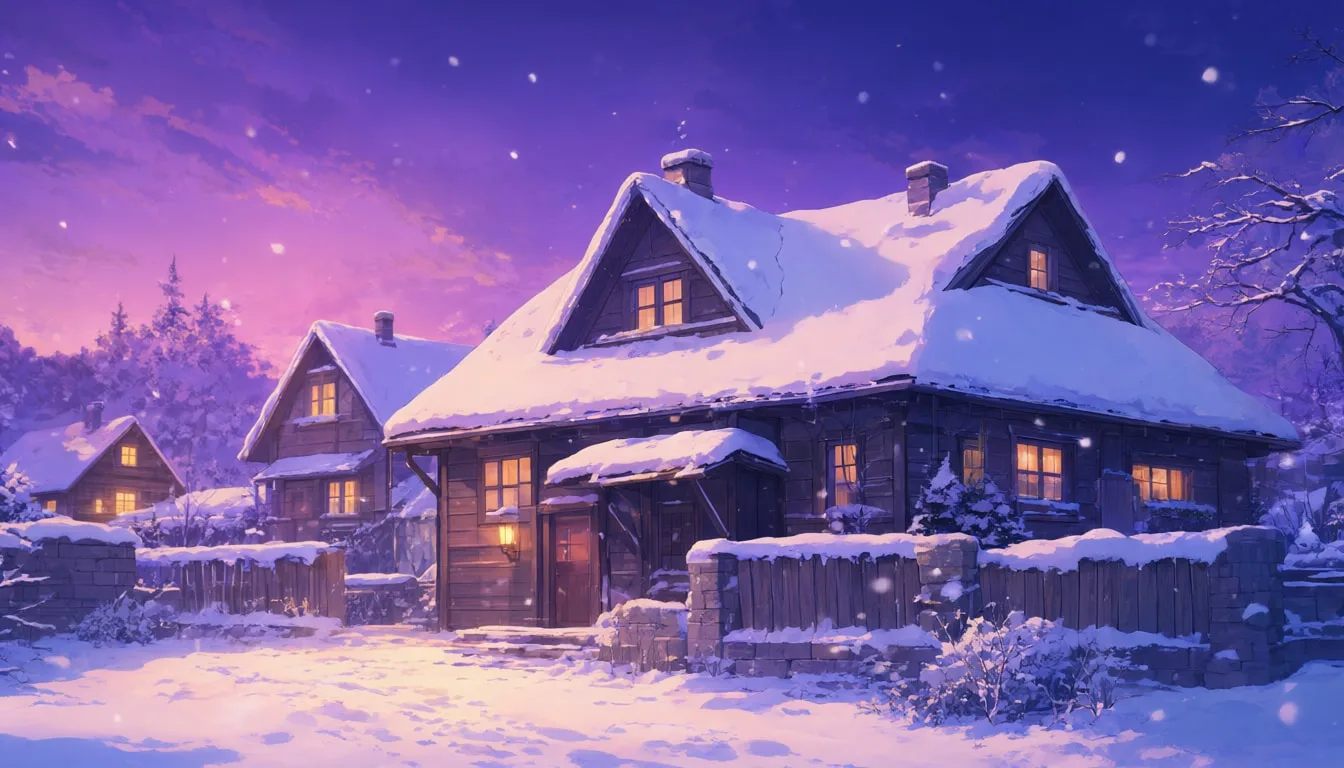 Anime Snowy Village at Dusk