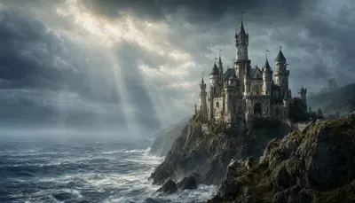 Fantasy Castle on a Cliff Above the Sea