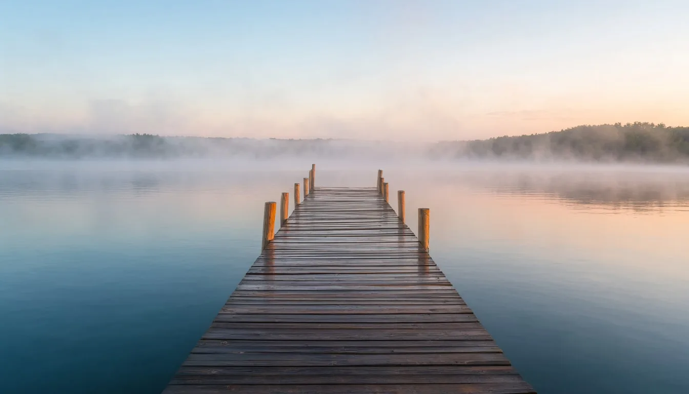 Misty Lake with a Wooden Jetty
