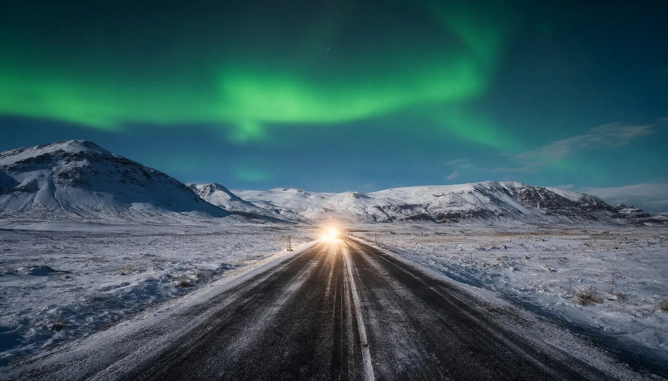 Northern Lights over a Snowy Road